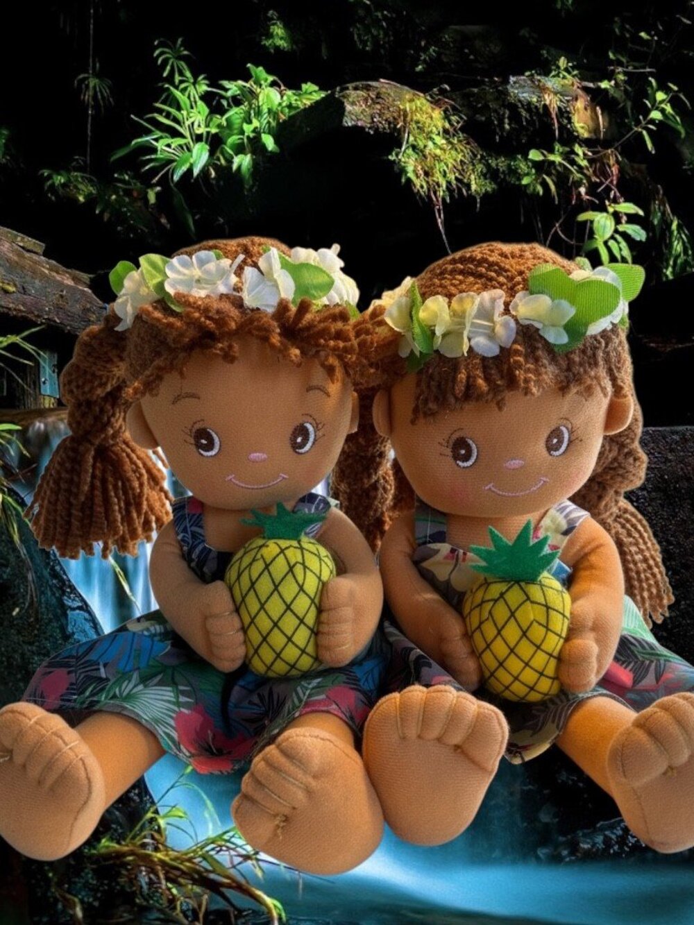 Aloha Hawaiian Keiki Girl Doll 13" Plush With Pineapple SET OF 2